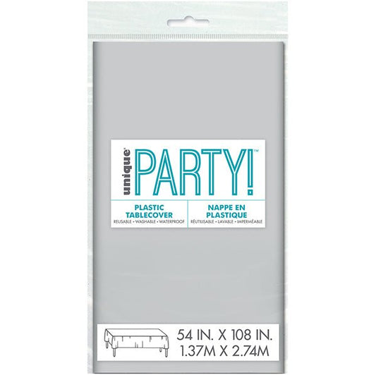Silver Rectangular Plastic Tablecover 137cm x 274cm - The Party Marketplace