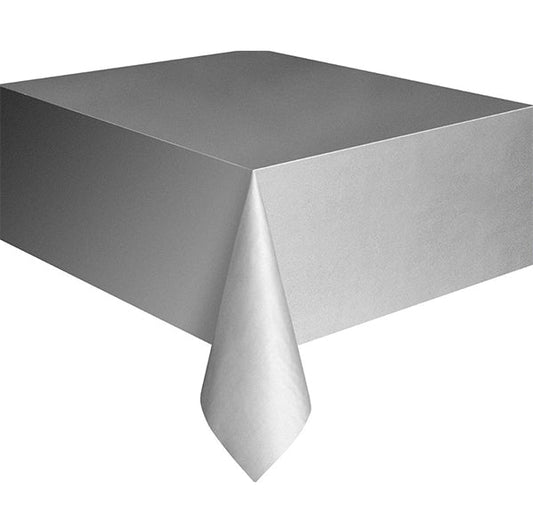 Silver Rectangular Plastic Tablecover 137cm x 274cm - The Party Marketplace