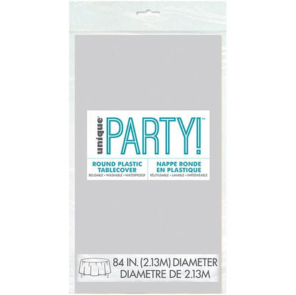 Silver Round Plastic Tablecover 213cm - The Party Marketplace