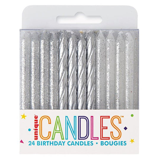 Silver & Silver Glitter Assorted Spiral Candles (Pack of 24) - The Party Marketplace