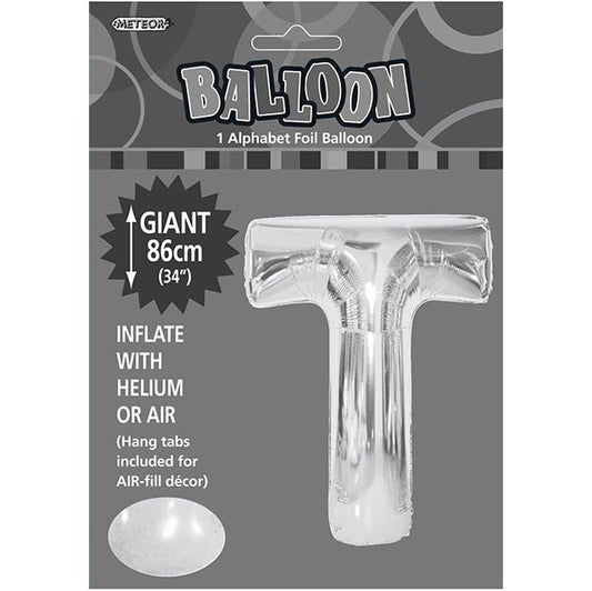 Silver "T" Letter Foil Balloon (86cm) - The Party Marketplace