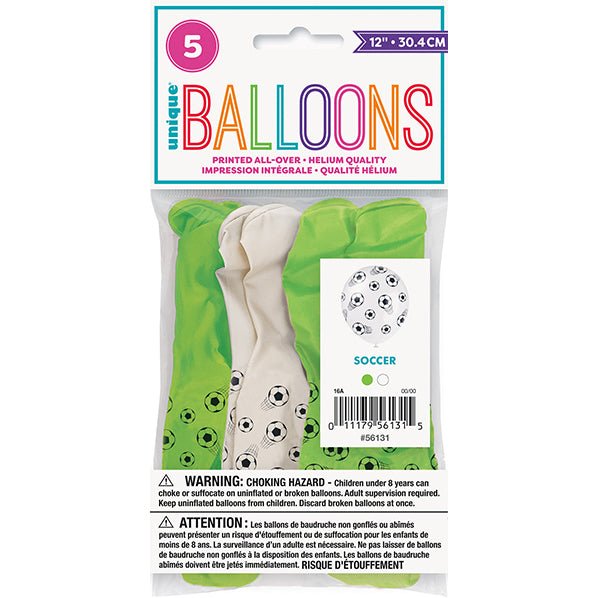 "Soccer Ball" Lime Green & White Balloons 30cm (Pack of 5) - The Party Marketplace