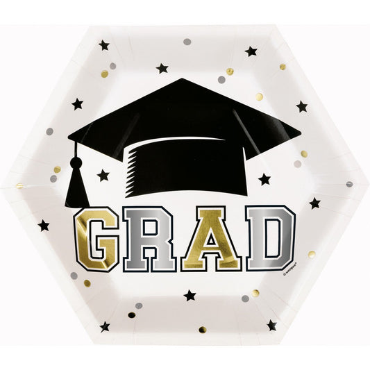 Starry Graduation "Grad" Foil Stamped Hexagon Shaped Paper Plates (Pack of 8) - The Party Marketplace