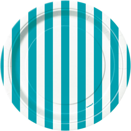 Stripes Caribbean Teal Paper Plates 18cm (Pack of 8) - The Party Marketplace