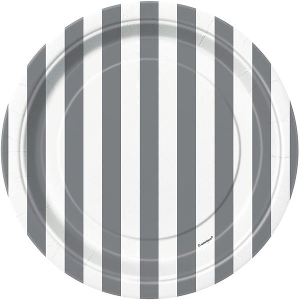 Stripes Silver Paper Plates 18cm (Pack of 8) - The Party Marketplace