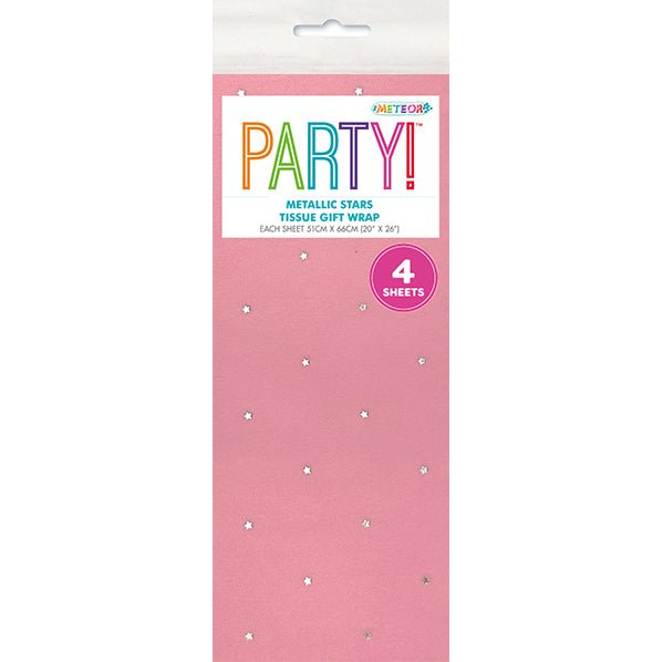 Tissue Paper - Pink with Metallic Silver Stars (4 Sheets) - The Party Marketplace