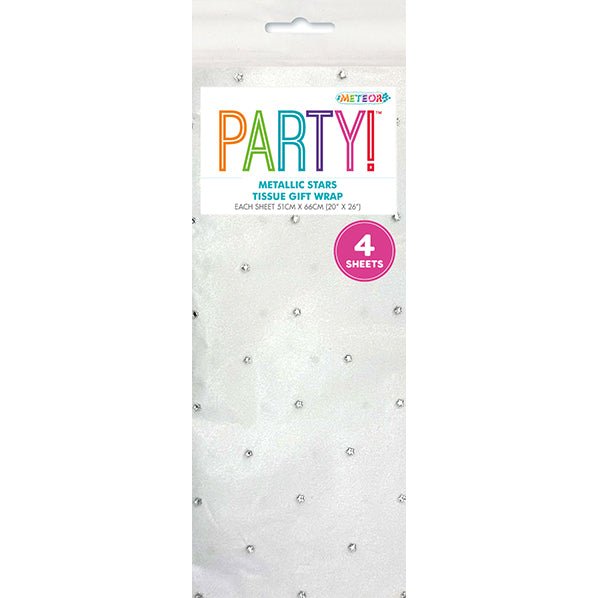 Tissue Paper - White with Metallic Silver Stars (4 Sheets) - The Party Marketplace
