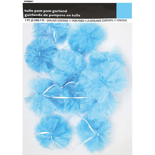 Tulle Pom Pom Garland - Blue (2.13m) - The Party Marketplace