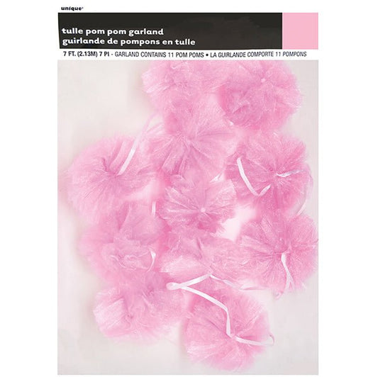 Tulle Pom Pom Garland - Pink (2.13m) - The Party Marketplace