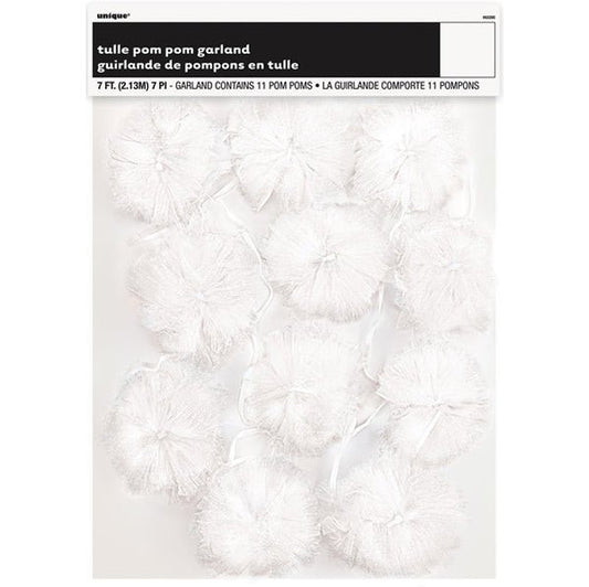 Tulle Pom Pom Garland - White (2.13m) - The Party Marketplace