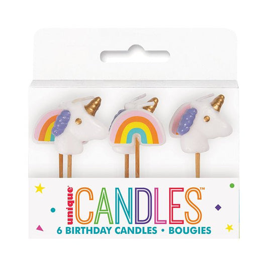 Unicorn And Rainbow Pick Candles (Pack of 6) - The Party Marketplace
