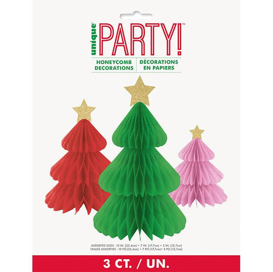 Vibrant Christmas Tree Honeycomb Decorations - Assorted Sizes (Pack of 3) - The Party Marketplace