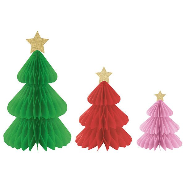 Vibrant Christmas Tree Honeycomb Decorations - Assorted Sizes (Pack of 3) - The Party Marketplace
