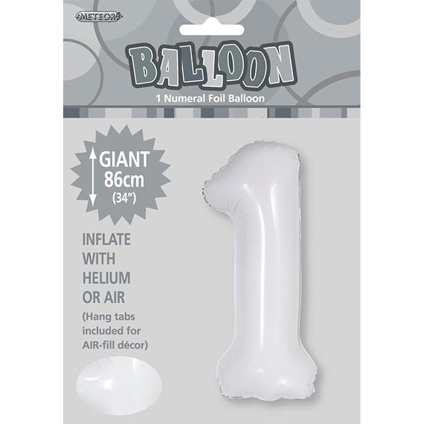 White "1" Numeral Foil Balloon (86cm) - The Party Marketplace