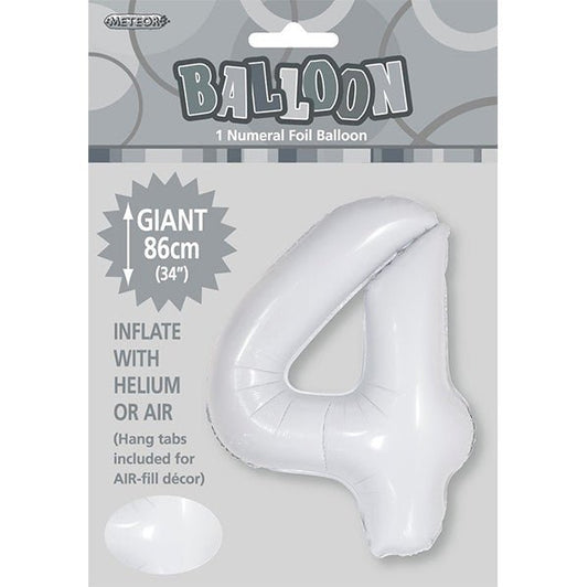 White "4" Numeral Foil Balloon (86cm) - The Party Marketplace
