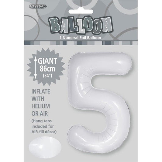 White "5" Numeral Foil Balloon (86cm) - The Party Marketplace