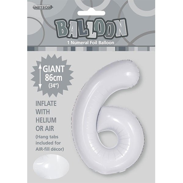 White "6" Numeral Foil Balloon (86cm) - The Party Marketplace