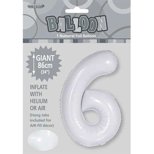 White "6" Numeral Foil Balloon (86cm) - The Party Marketplace