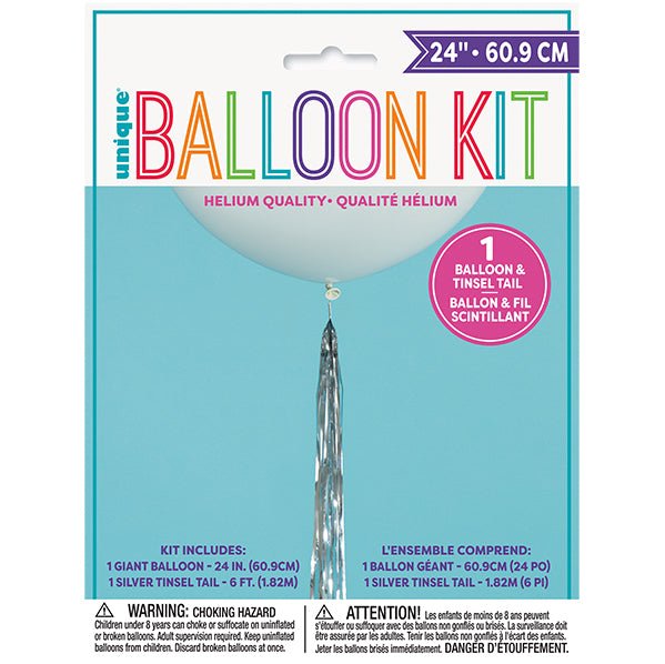 White Balloon with Silver Tinsel Tassel 60.9cm - The Party Marketplace