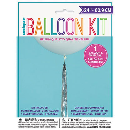White Balloon with Silver Tinsel Tassel 60.9cm - The Party Marketplace