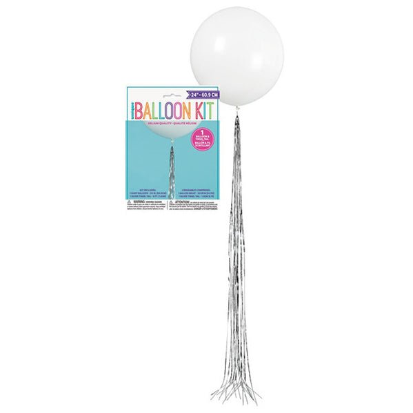 White Balloon with Silver Tinsel Tassel 60.9cm - The Party Marketplace