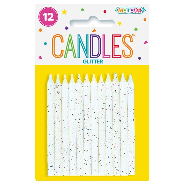 White Glitter Candles (Pack of 12) - The Party Marketplace