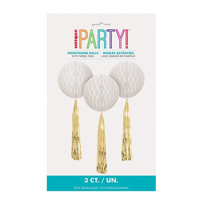 White & Gold Honeycomb Decorations with Tassel Tails - 55.8cm (Pack of 3) - The Party Marketplace