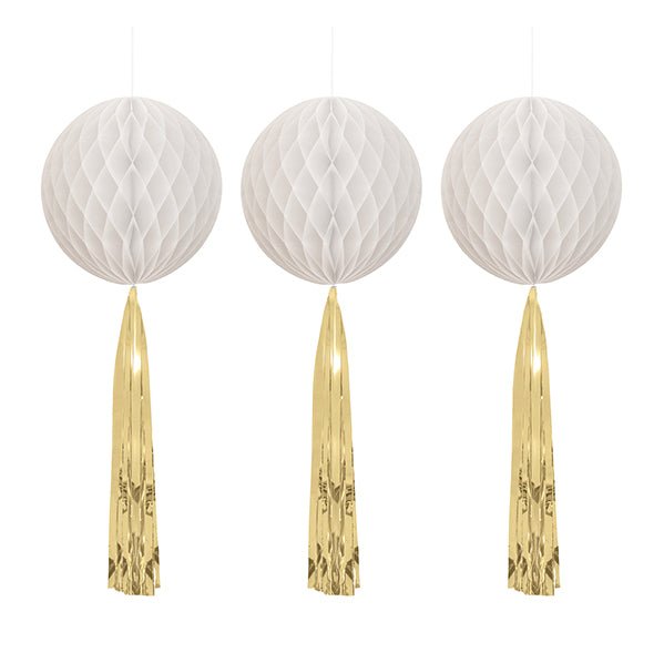 White & Gold Honeycomb Decorations with Tassel Tails - 55.8cm (Pack of 3) - The Party Marketplace