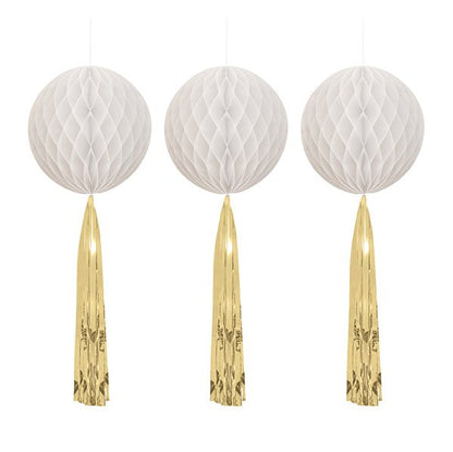 White & Gold Honeycomb Decorations with Tassel Tails - 55.8cm (Pack of 3) - The Party Marketplace