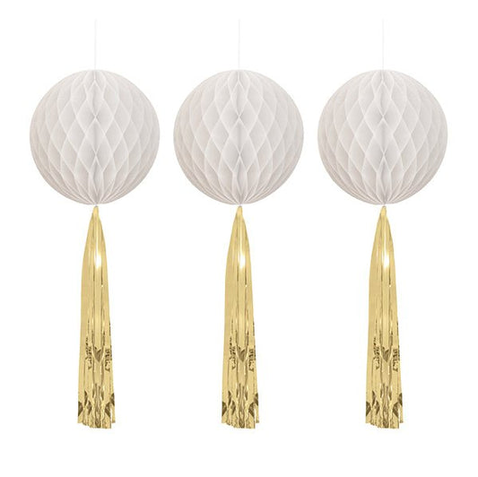 White & Gold Honeycomb Decorations with Tassel Tails - 55.8cm (Pack of 3) - The Party Marketplace