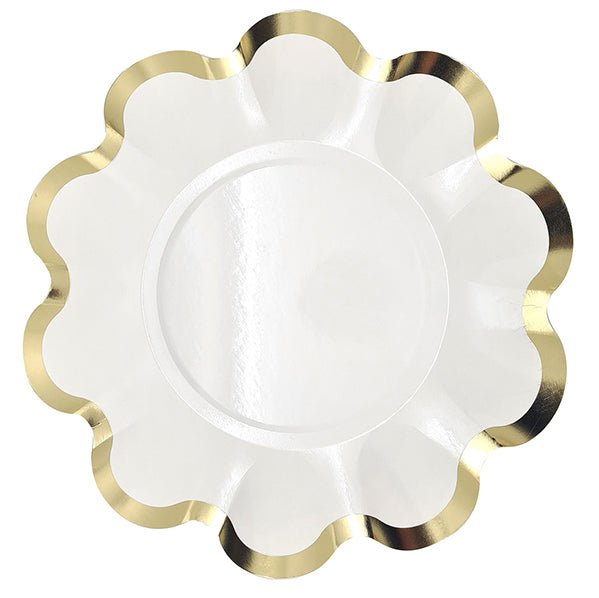 White & Gold Scalloped Edge Foil Stamped Paper Plates 21cm (Pack of 8) - The Party Marketplace