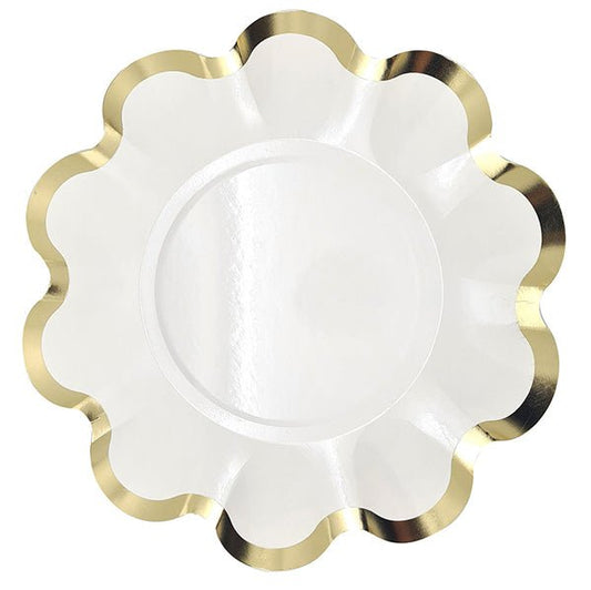 White & Gold Scalloped Edge Foil Stamped Paper Plates 21cm (Pack of 8) - The Party Marketplace