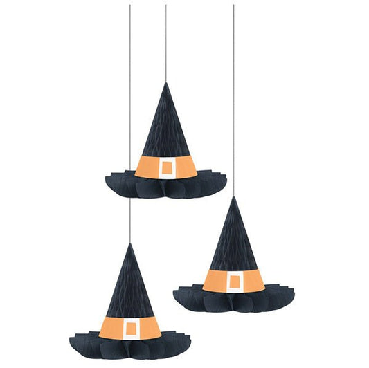 Witch Hat Hanging Honeycomb Decorations 27cm (Pack of 3) - The Party Marketplace
