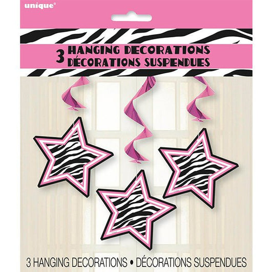 Zebra Passion Star Hanging Swirl Decorations (Pack of 3) - The Party Marketplace